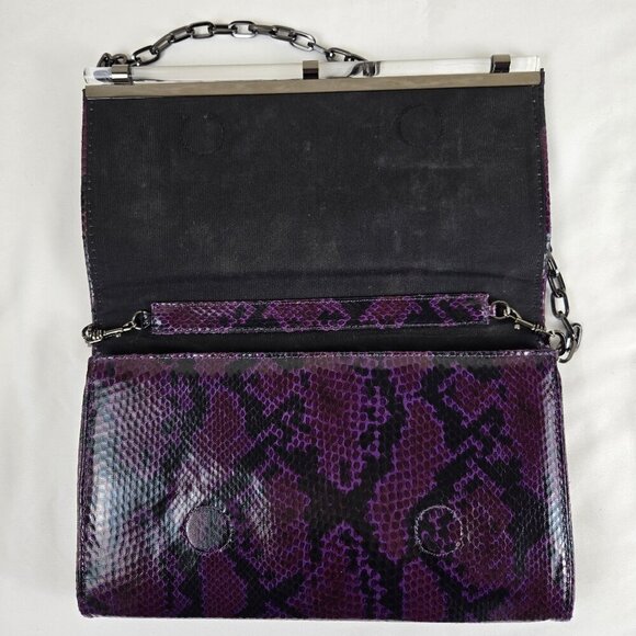 White House Black Market Purple Black Snakeskin Print Clutch Removable Chain - Picture 8 of 15